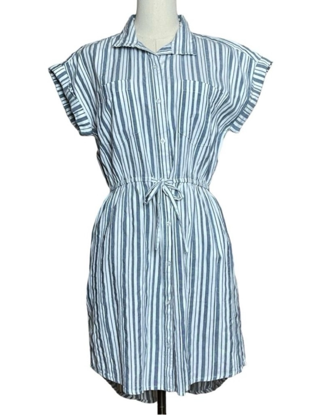 Japna Striped 100% Cotton NEW Button Up Mini Shirt Dress Pockets Collared Size S - Picture 4 of 9